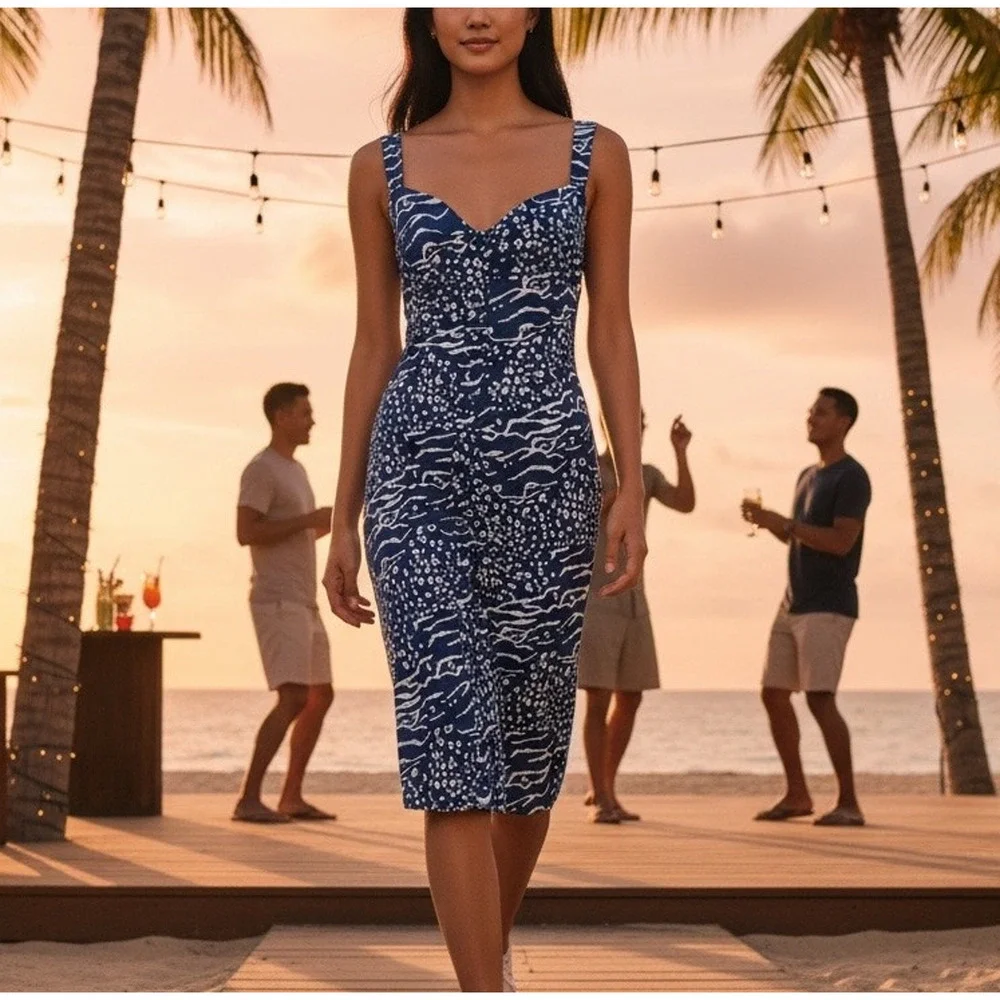 Tanya Taylor Blue Tropical Midi Dress SIZE 22 Linen Sundress Designer $500